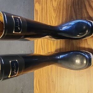 Joules Evedon Tall Rain Boots Black Round Toe Women Sz 10 gold Tie